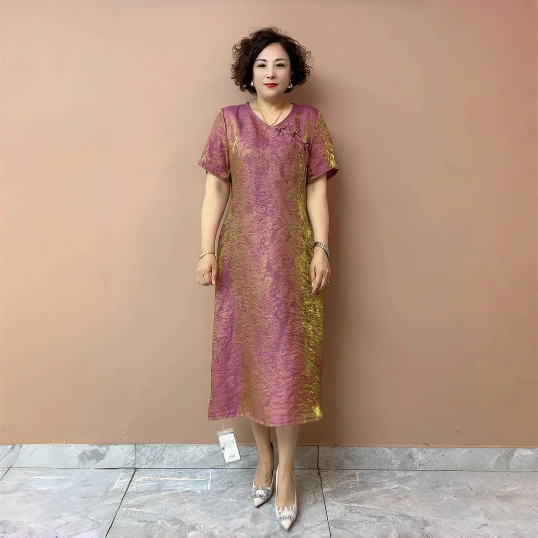 高端气质中式国风妈妈盘扣裙子中老年宽松遮肉大码变色长款连衣裙