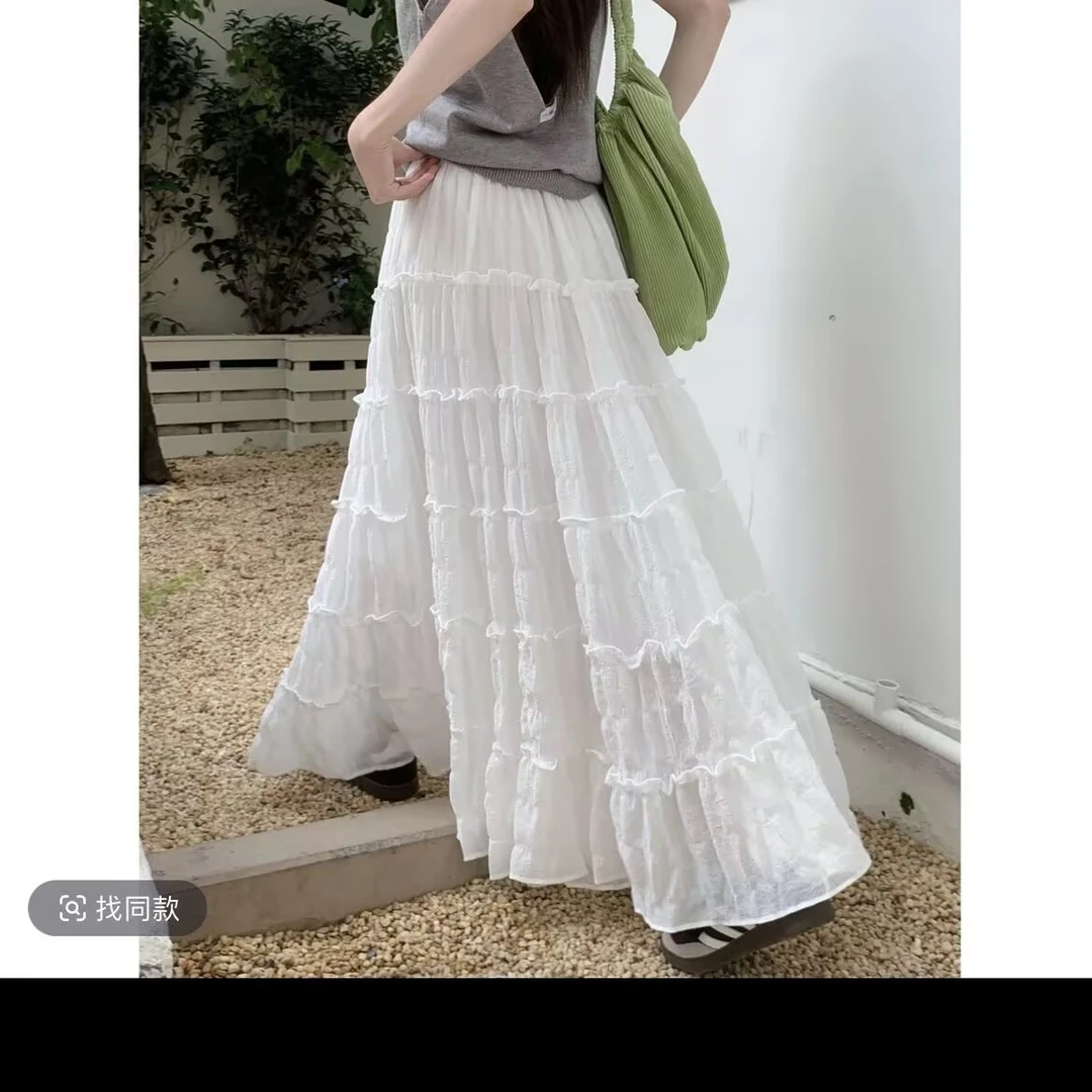 新款韩版百搭肌理感春夏A字半身裙木耳边拼接蛋糕裙长裙子