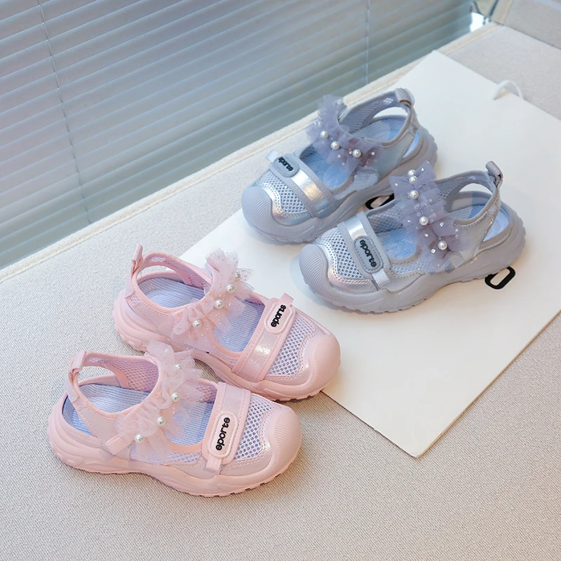 女童时尚休闲洋气鞋子2025春夏新款女孩透气凉鞋甜美百搭网面鞋子