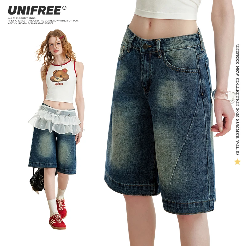 unifree【25年夏】复古低腰牛仔短裤女美式复古辣妹风直筒五分裤