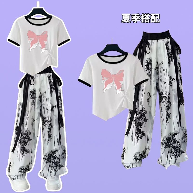 女童阔腿裤夏季薄款儿童冰丝裤子大童夏装运动裤女孩夏天长裤套装