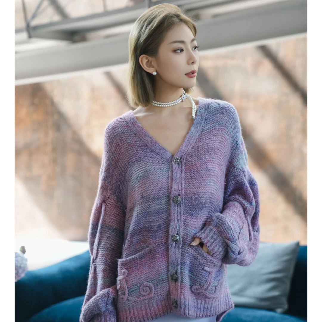 limil/丽米儿【高定秀场款】休闲渐变晕染梦幻紫色针织开衫 9499022