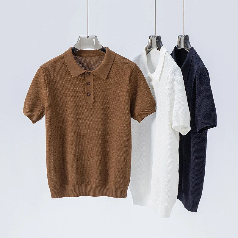 港风文艺清爽针织料男士翻领短袖体恤春夏季宽松舒适POLO衫上