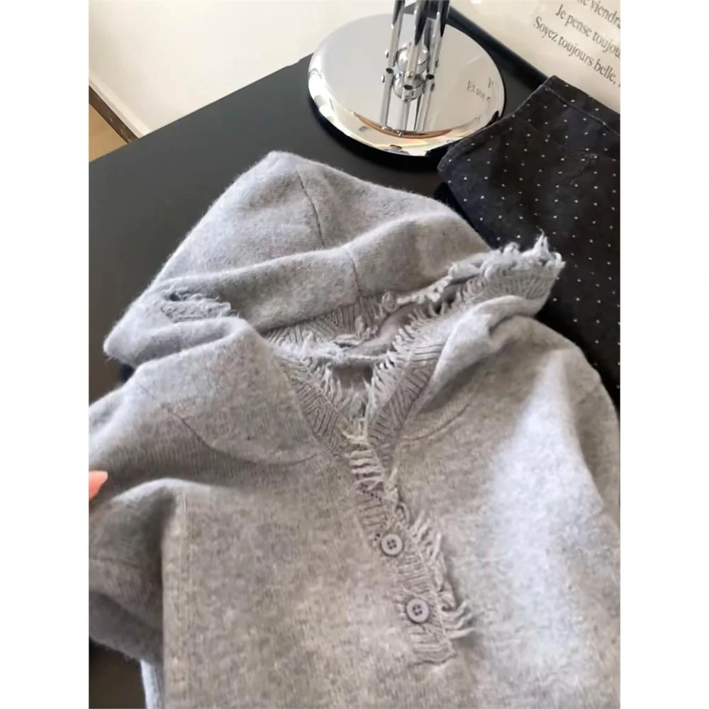 自留款推荐~慵懒风连帽设计感针织衫女秋冬新款宽松时尚百搭上衣