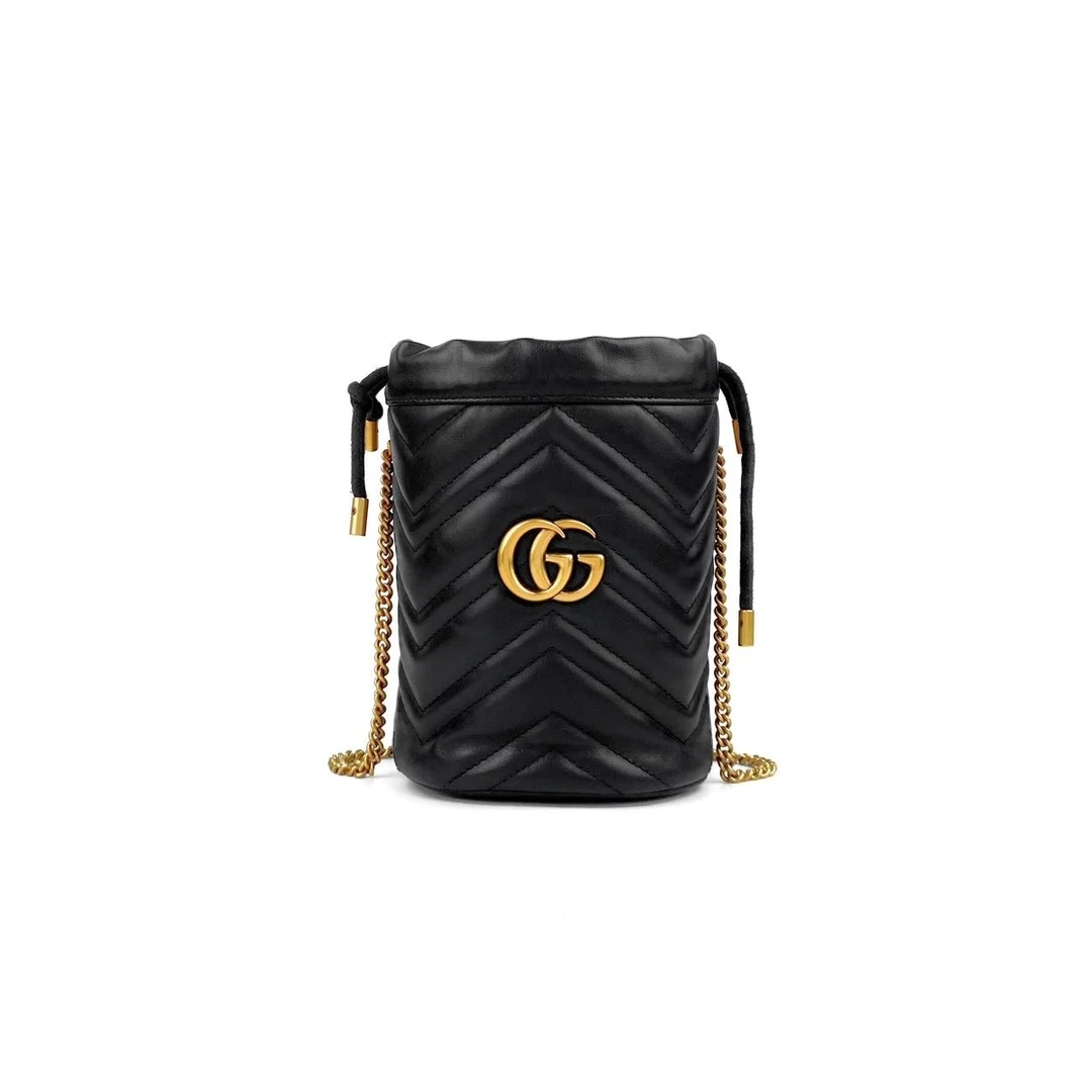 99新 GUCCI/古驰 白金/黑金 双G Marmont小水桶链条包单肩包
