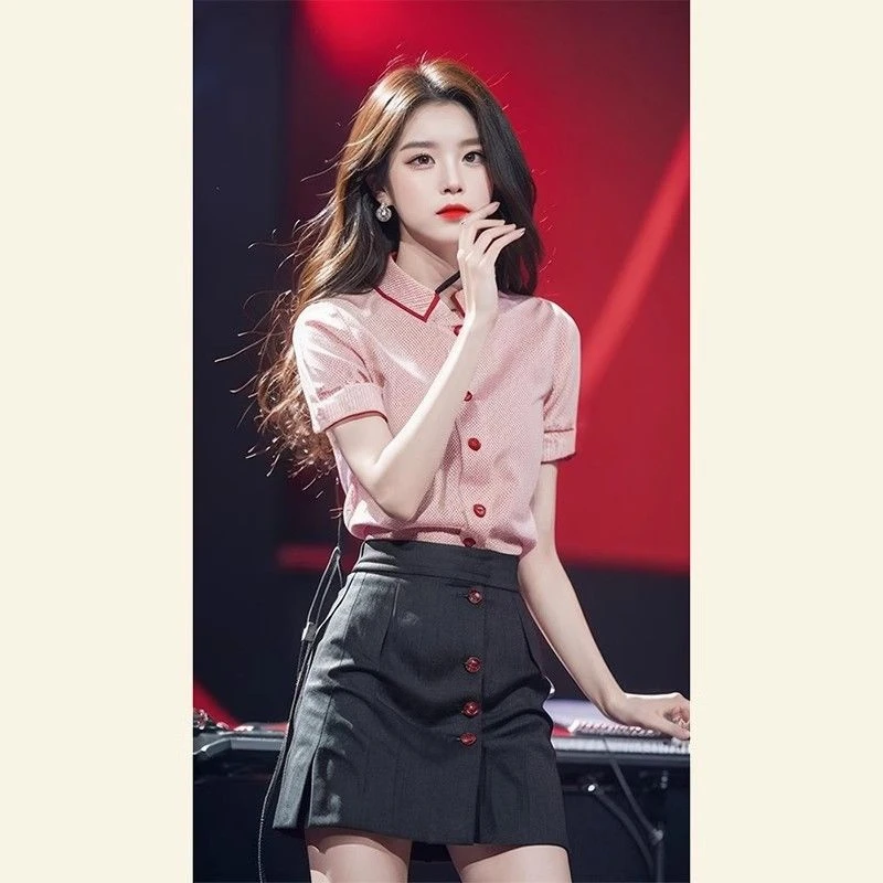 洋气减龄时尚炸街轻奢高级感名媛小香风多巴胺粉色衬衫套装裙女夏