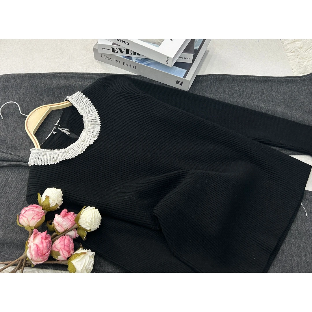 【黑色钉珠蕾丝领】纯色设计感时尚气质上衣QC1920