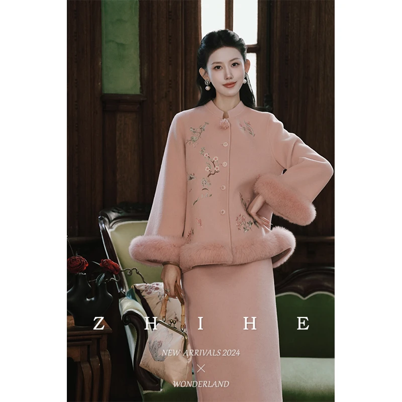 至禾Wonderland【西子妆】手工坊100羊毛双面呢刺绣狐狸毛大衣+半裙