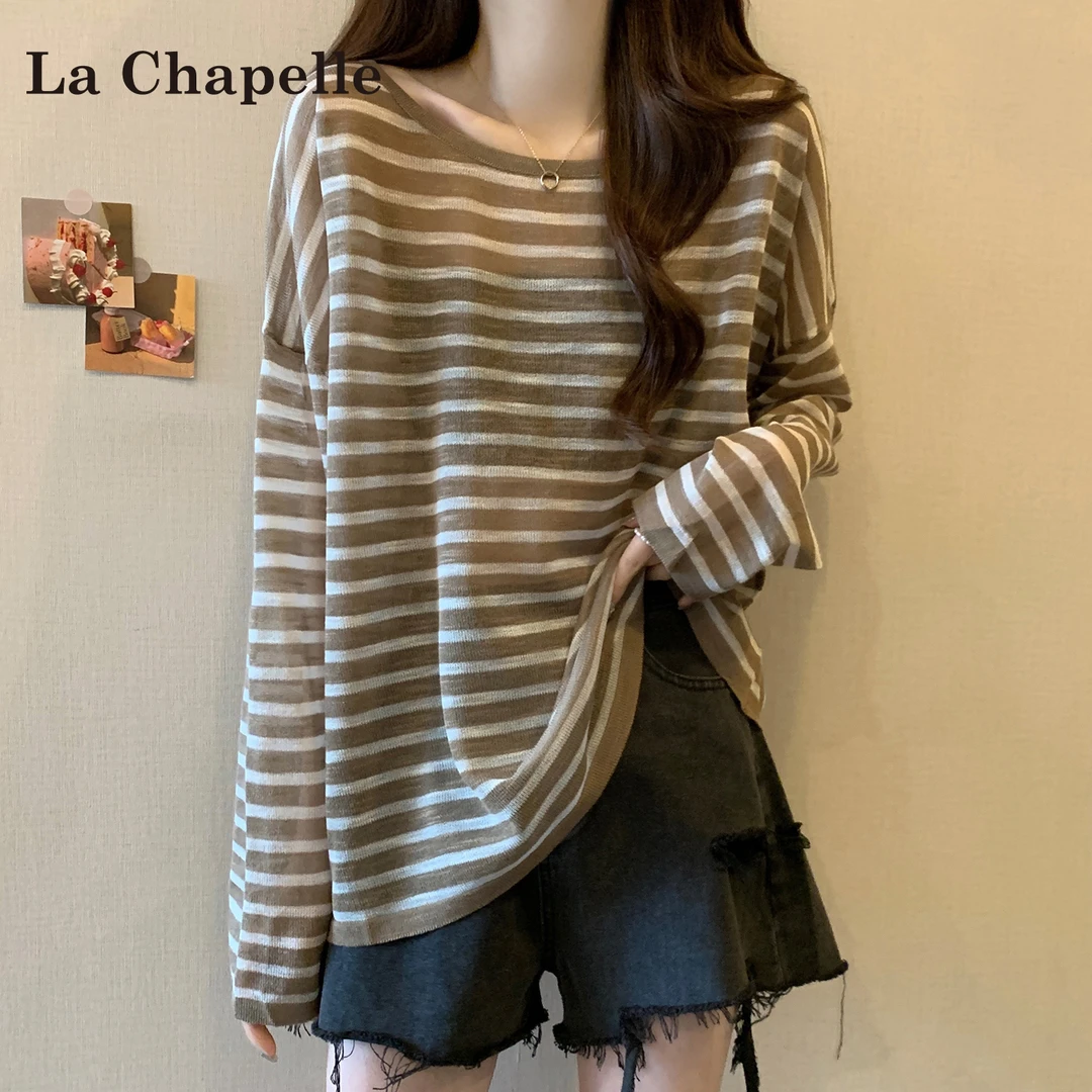 拉夏贝尔防晒条纹长袖T恤女2025早秋港风条纹打底衫百搭欧若动感