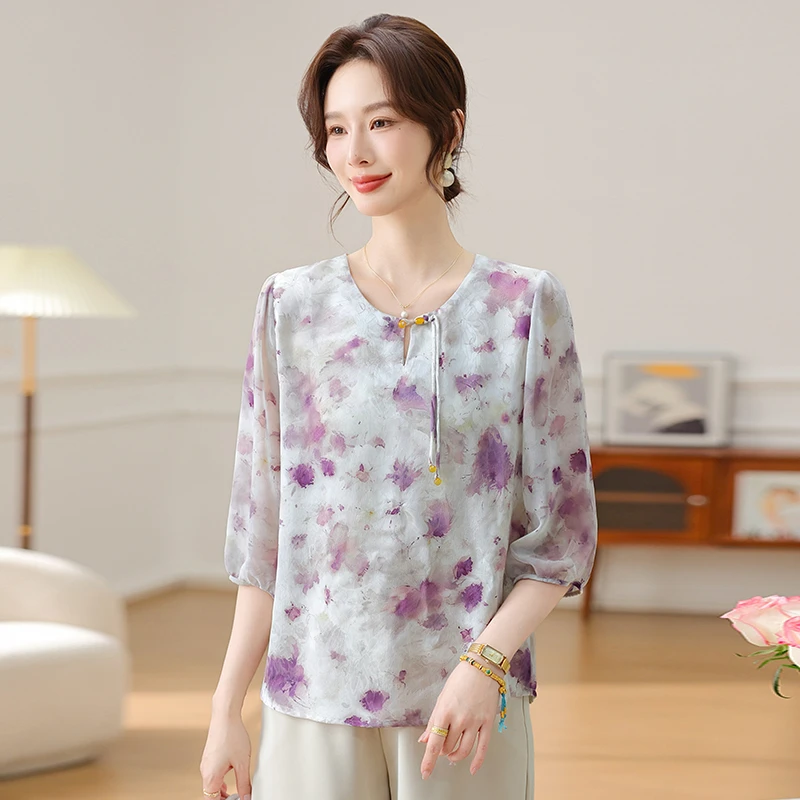妈妈夏装国风印花小衫中老年女士宽松大码上衣减龄洋气半袖雪纺衫