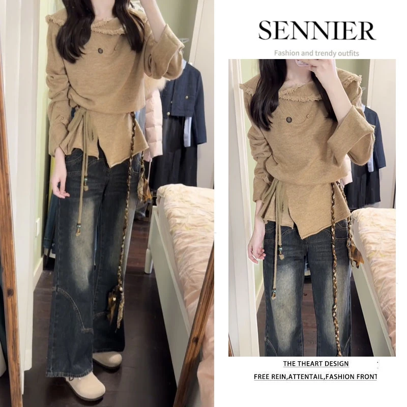 今年流行穿搭女2025早秋新款复古毛边套头上衣百搭牛仔裤两件套装