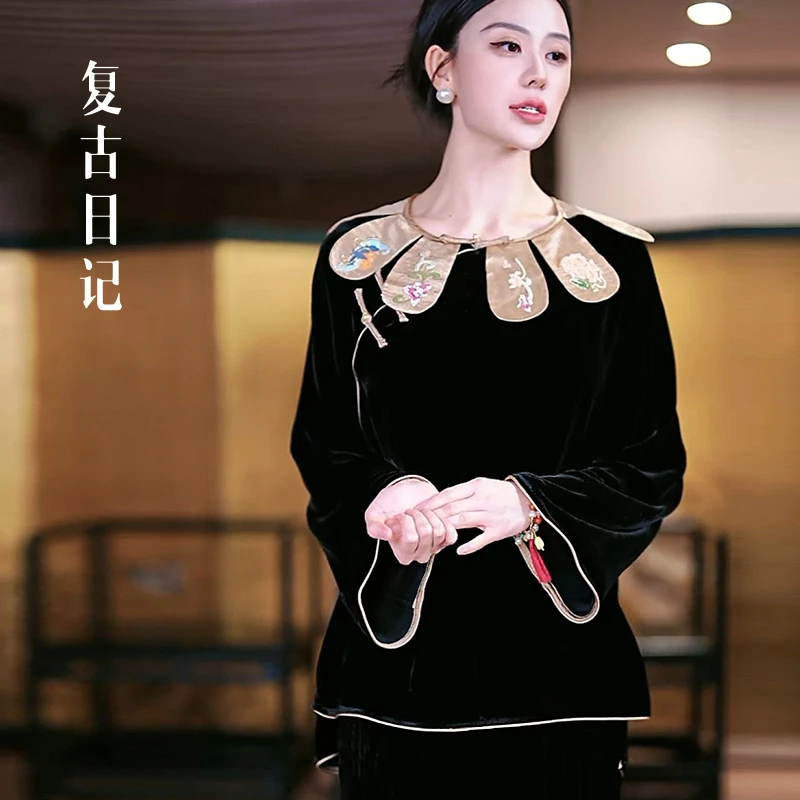 复古日记“如仪”重工珠片刺绣云肩花瓣设计感国风丝绒上衣2EGC640