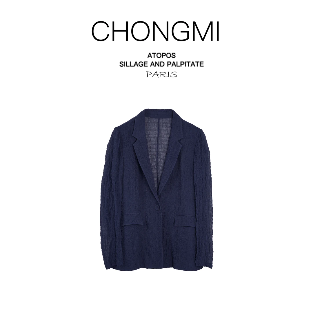 藏青色重磅凹凸皱桑蚕丝真丝西装女2025夏季新款时尚百搭女士上衣