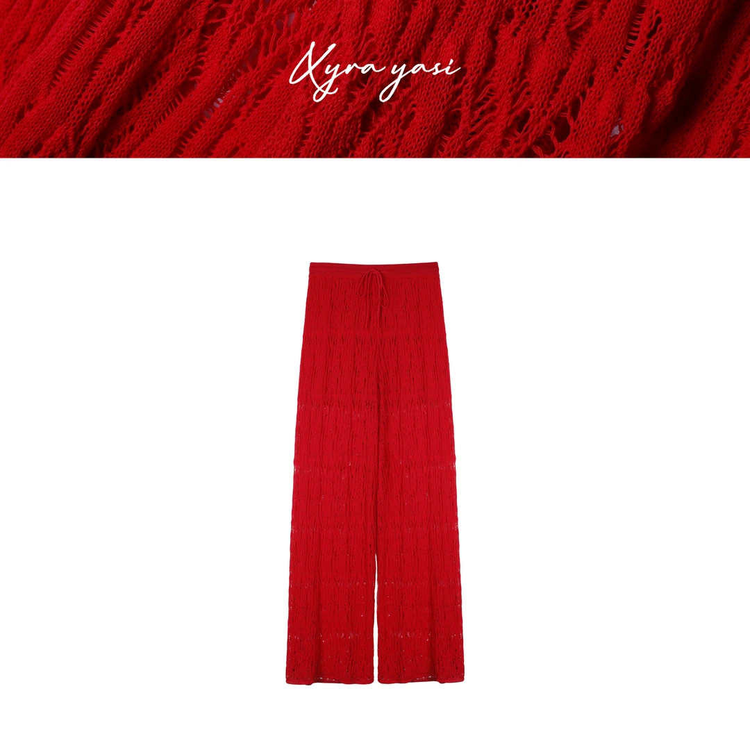 【艺洋穿搭】进口精梳高捻棉仙气蕾丝镂空肌理宽松抽绳针织空气裤