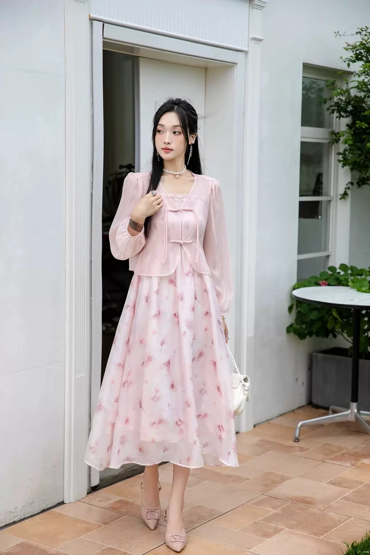 054吊带长袖女装夏季印花春季常规甜美裙子碎花长裙气质连衣裙