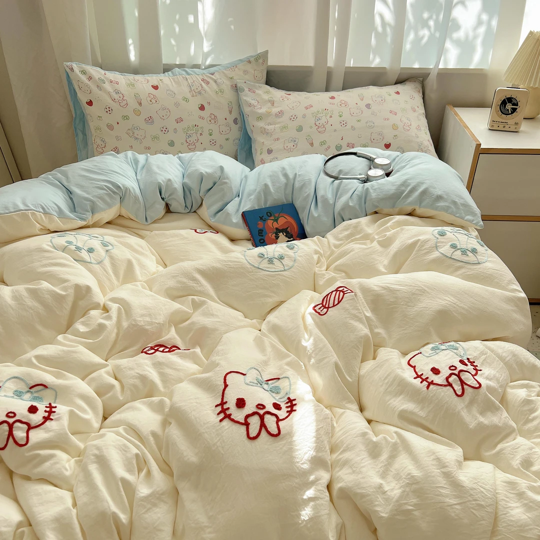 猫咪日记卡通草莓猫咪水洗棉四件套亲肤萌趣可爱软糯学生三件套