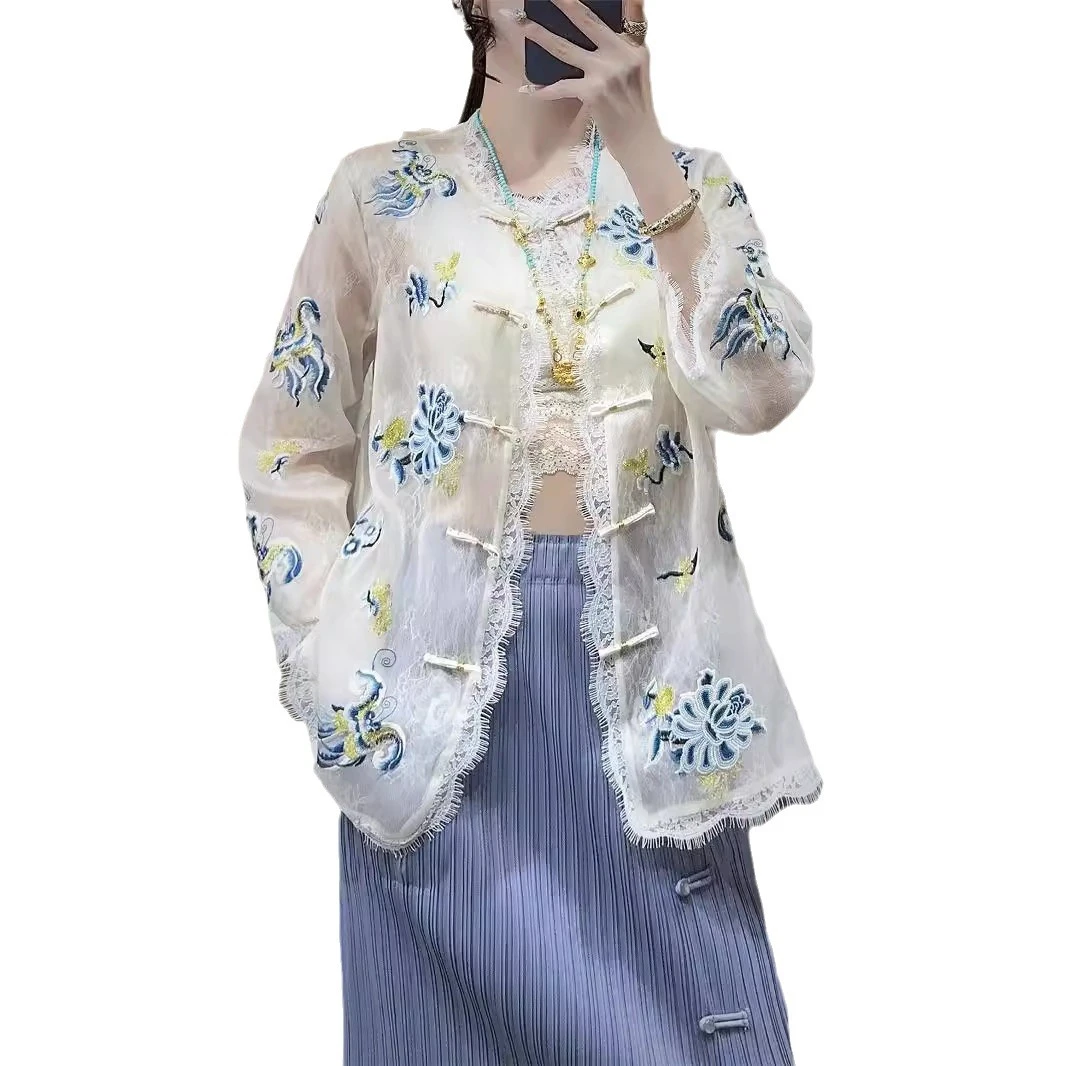 渠道重工刺绣款中式盘扣真丝长袖拼蕾丝外套上衣女新中式夏季气质