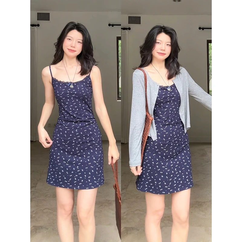 郭九九呢 天丝宽松百搭开衫拼接蕾丝碎花吊带连衣裙 G925A07906