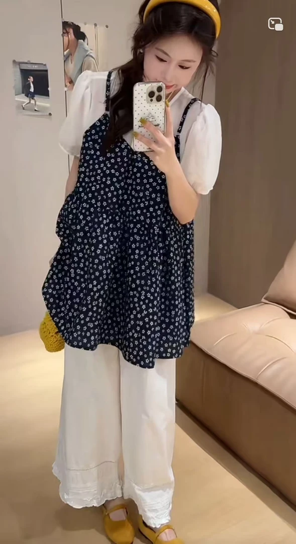 【夏梦玲珑】韩系碎花吊带裙+正肩圆领短袖上衣两件套女