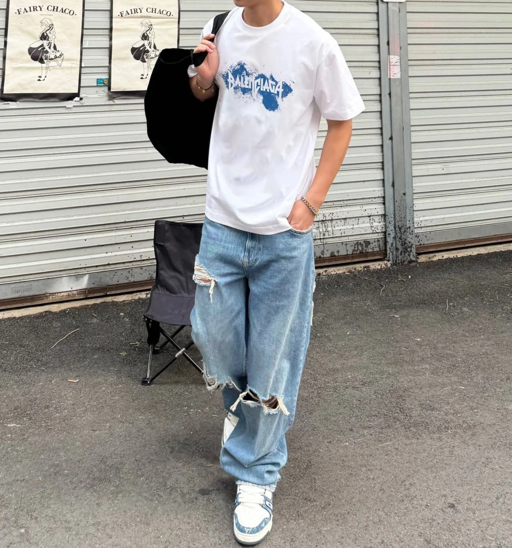 时装周走秀经典百搭潮奢重工刺绣短袖男天空T恤