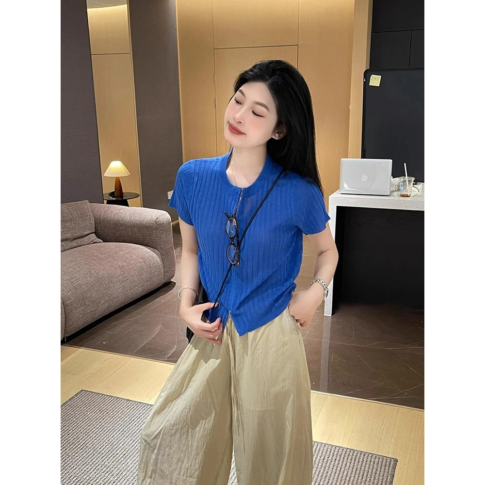 韩系蓝色正肩圆领短袖T恤女夏双拉链设计感独特百搭显瘦薄款上衣