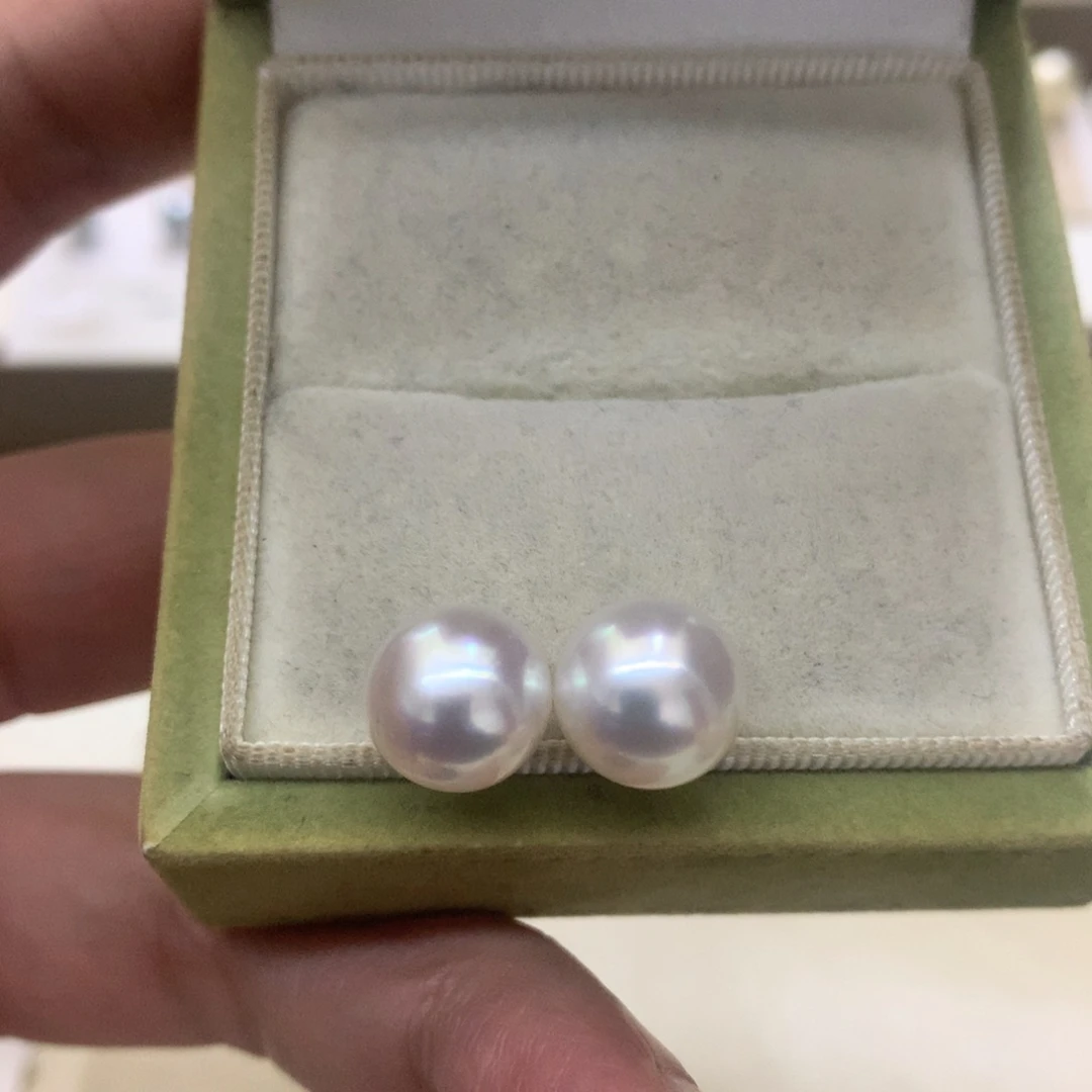 银S925镶嵌海水珍珠耳饰10-11澳白素钉
