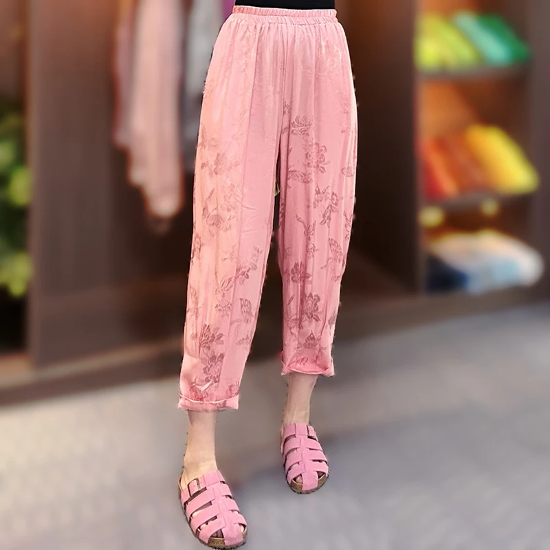 夏季新款时尚新中式复古松紧腰休闲裤女宽松国风提花九分裤奶奶裤