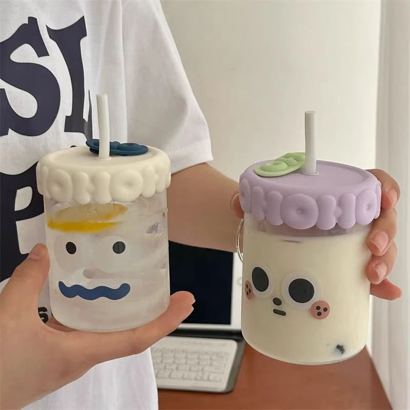 萌趣2025新款水杯女小众简约咖啡杯子ins高颜值上班族吸管玻璃杯