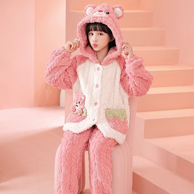 冬季女童睡衣珊瑚绒加绒加厚连帽法兰绒中大童公主风可外穿家居服