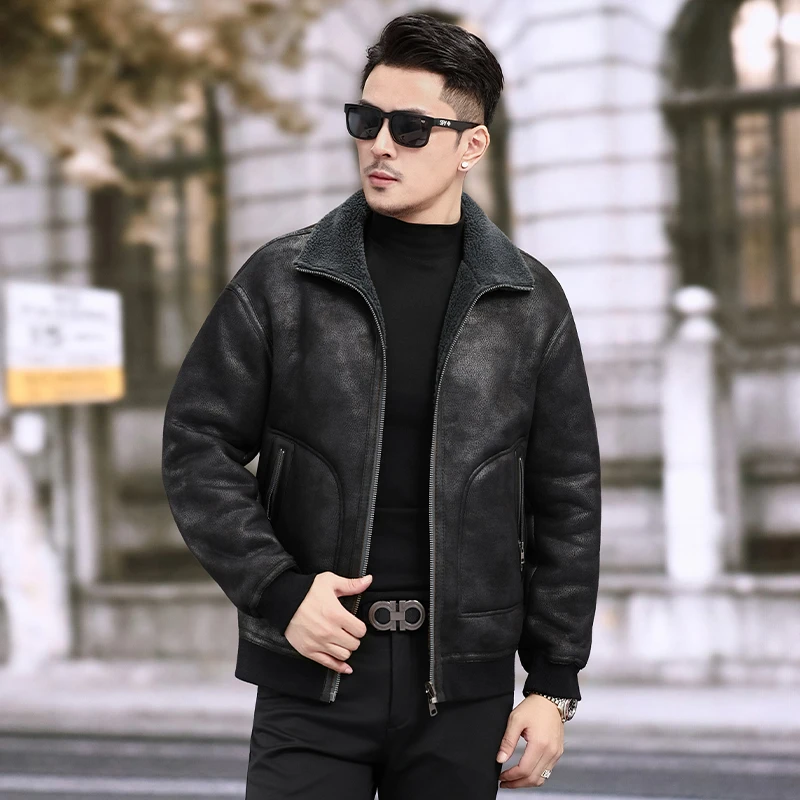 海宁男士秋冬新款两面穿翻领外套加厚羊毛夹克冬季时尚休闲男外套