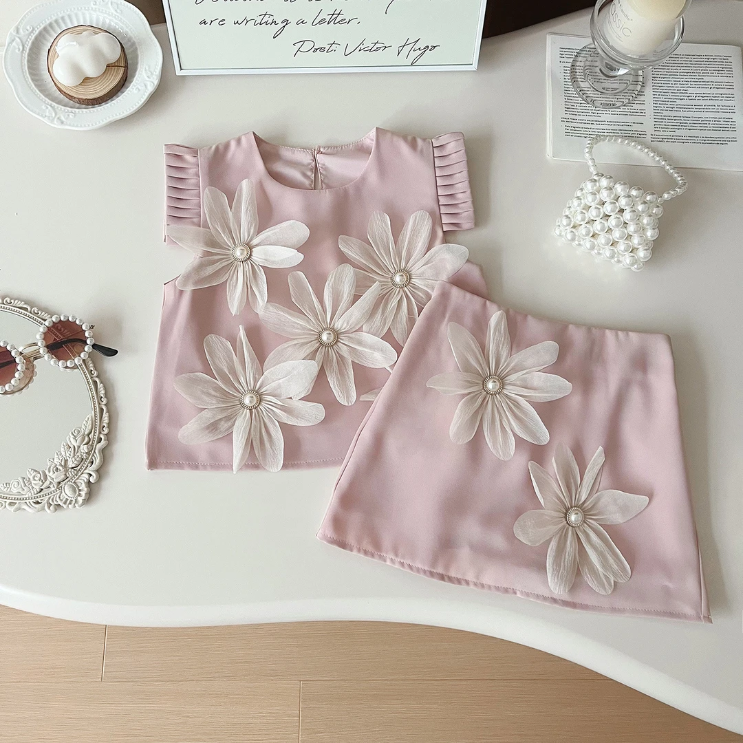 女童立体花朵飞袖衬衫包臀短裙套装2025夏季新款时尚半身裙两件套