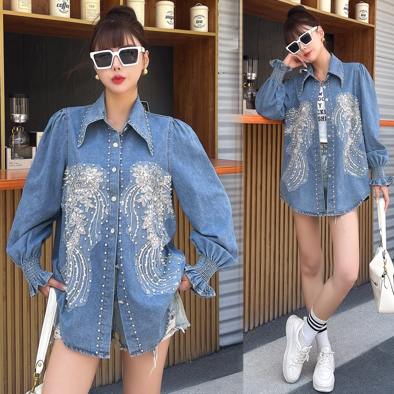镶钻重工软牛仔衬衫外套女2025春秋新款高级感宽松钉珠中长款上衣