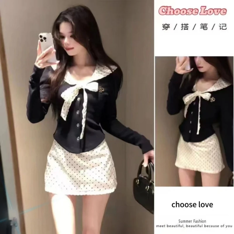 纯欲风娃娃领绑带t恤套装女秋冬高腰波点包臀半身裙修身长袖上衣