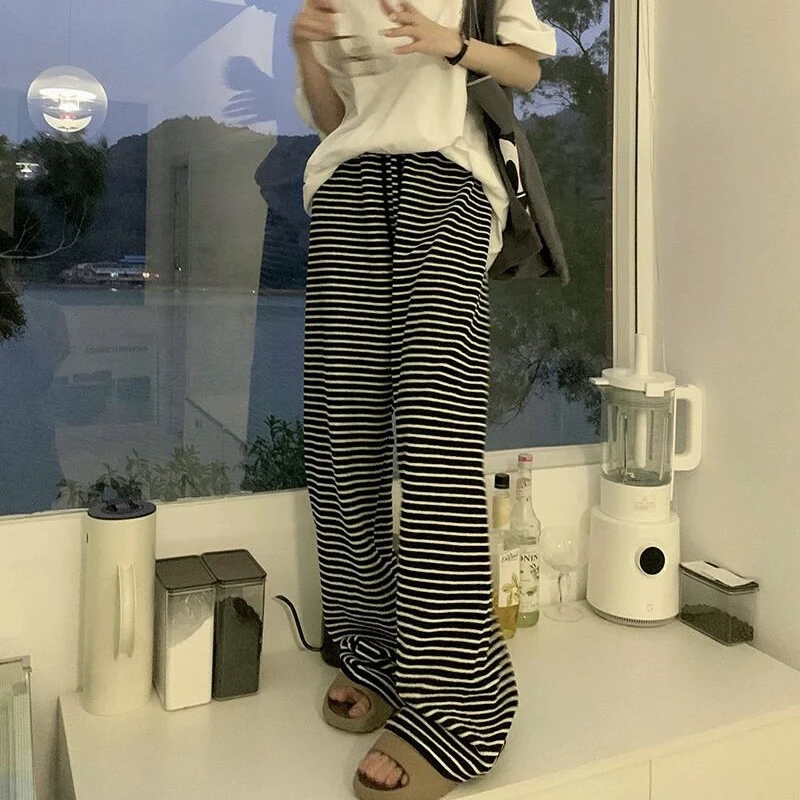 黑白条纹糯米裤阔腿裤女裤秋冬季厚款宽松高腰垂感直筒拖地休闲裤