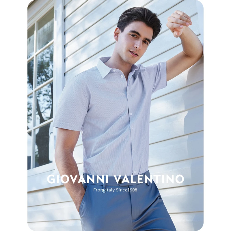 [凉感]GIOVANNI VALENTINO短袖条纹衬衫男士夏季新款商务休闲衬衣