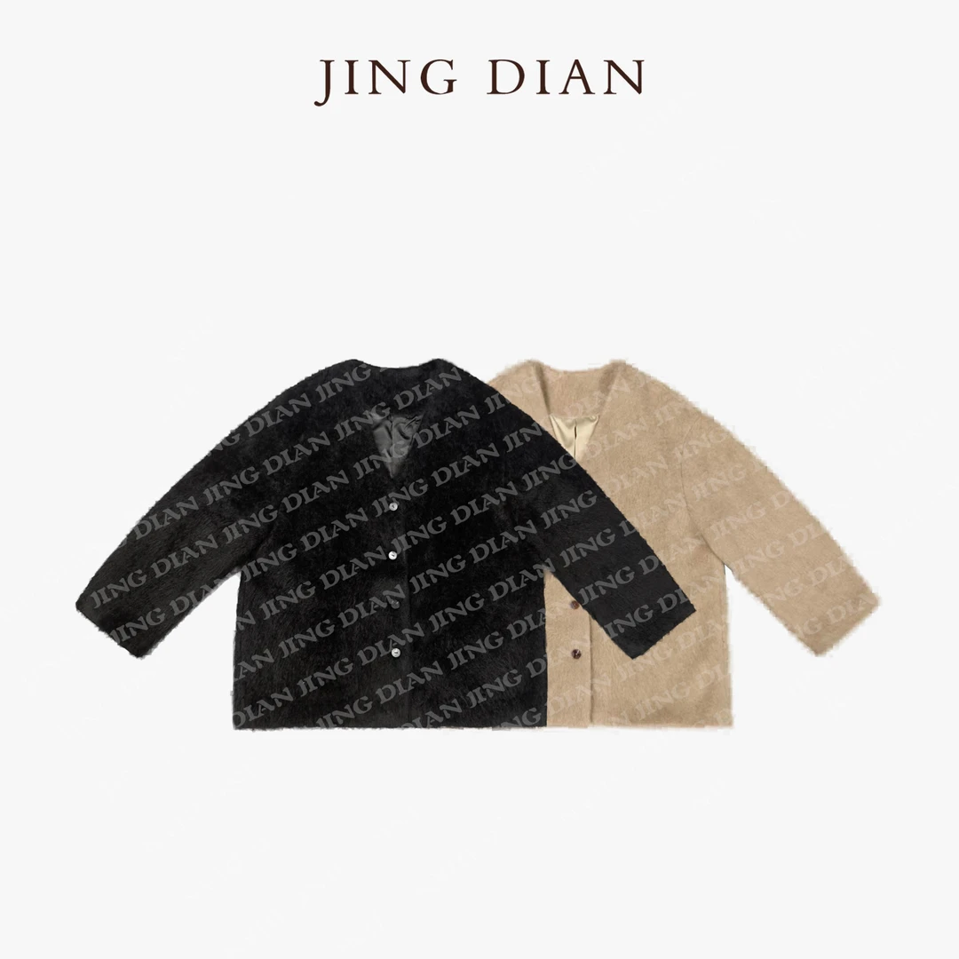 【JINGDIAN】黑色驼色V领长袖羊毛羊绒短款大衣 秋经典款羊毛大衣