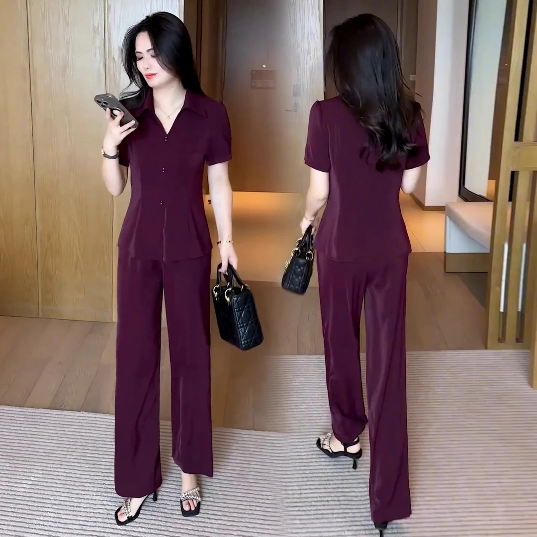 时尚气质套装女2025夏季新款洋气遮肚子显瘦衬衫阔腿裤冰丝两件套