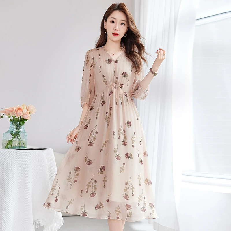 真丝桑蚕丝女轻奢高级感连衣裙2025夏新款女装木耳领宽松显瘦长裙