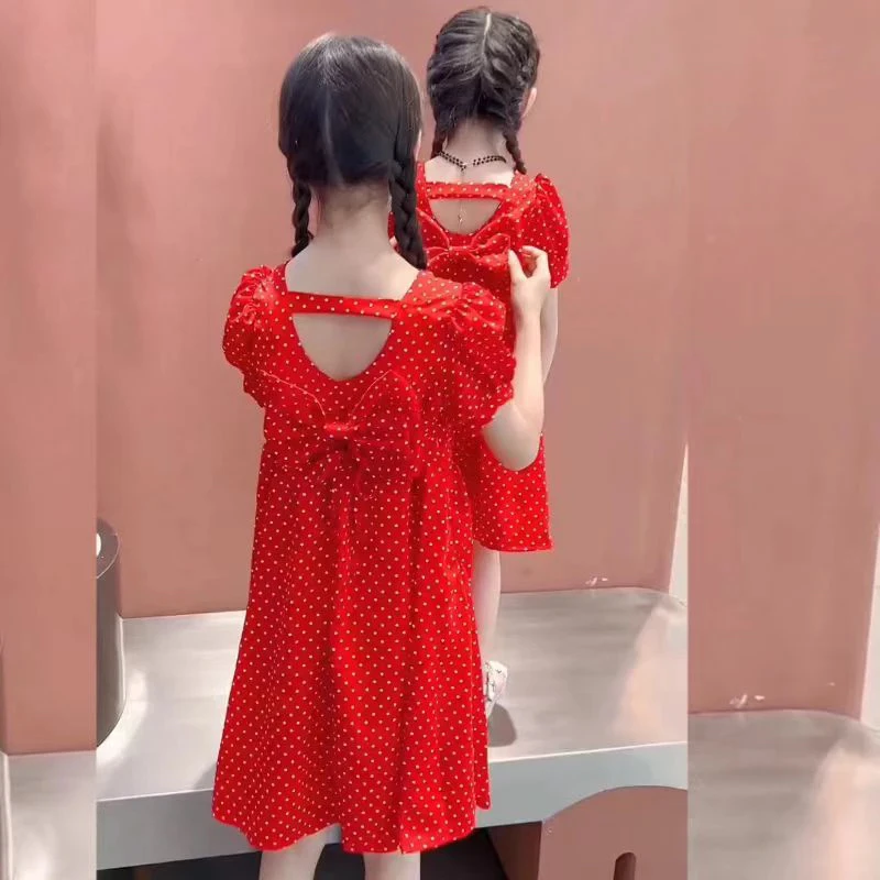 女童洋气连衣裙夏季新款红色波点蝴蝶结裙子送帽子（价格已开）