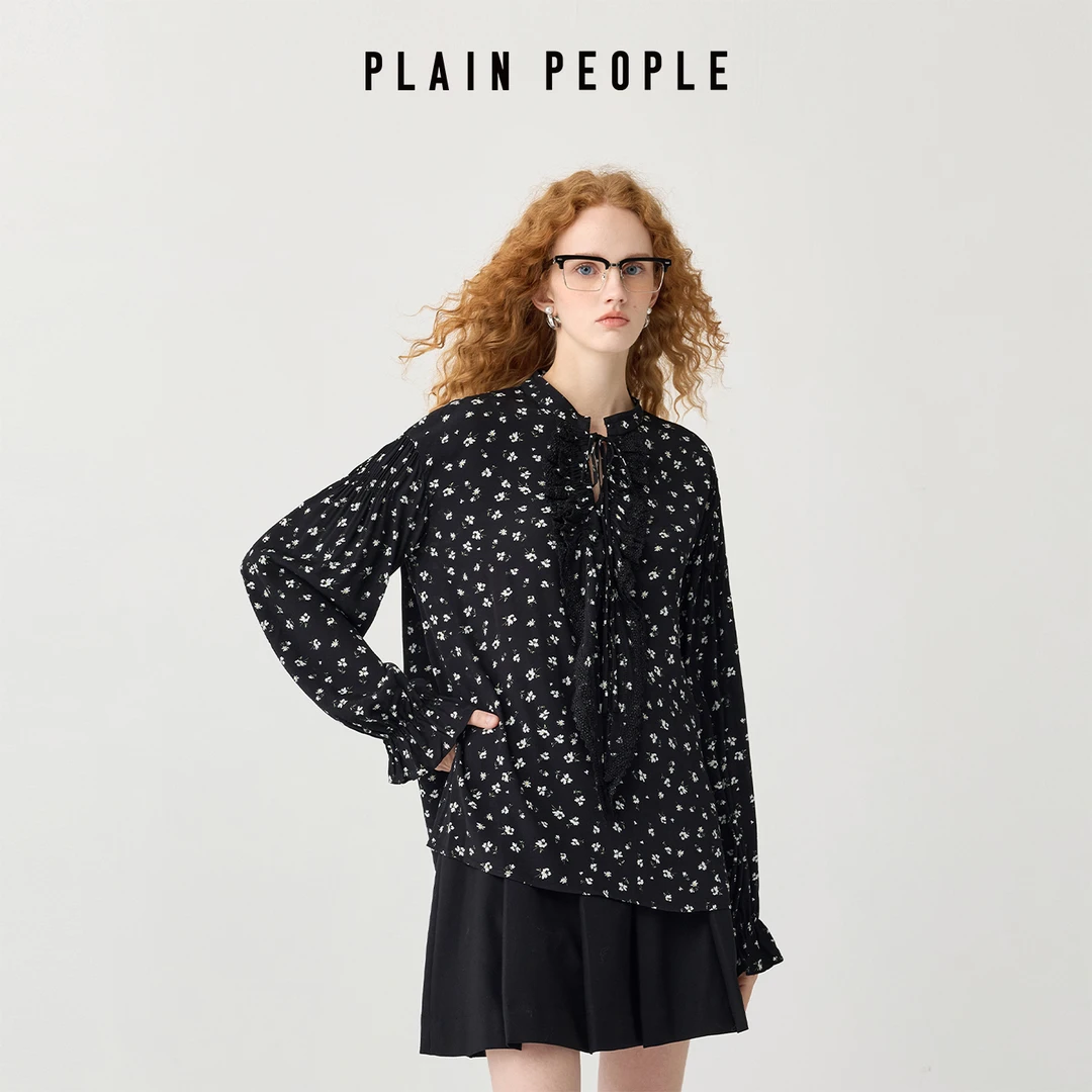 PLAIN PEOPLE法式浪漫印花荷叶边立领灯笼袖衬衫上衣女25秋新款