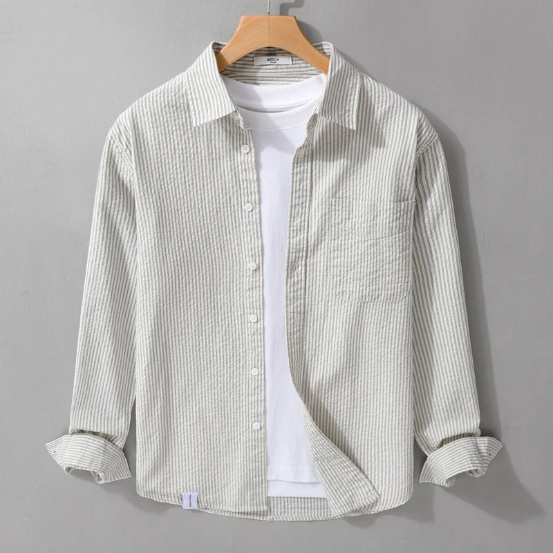 MR.MUDI/穆迪先生薄款高级感竖条纹纯棉长袖衬衫男装港风休闲寸衫