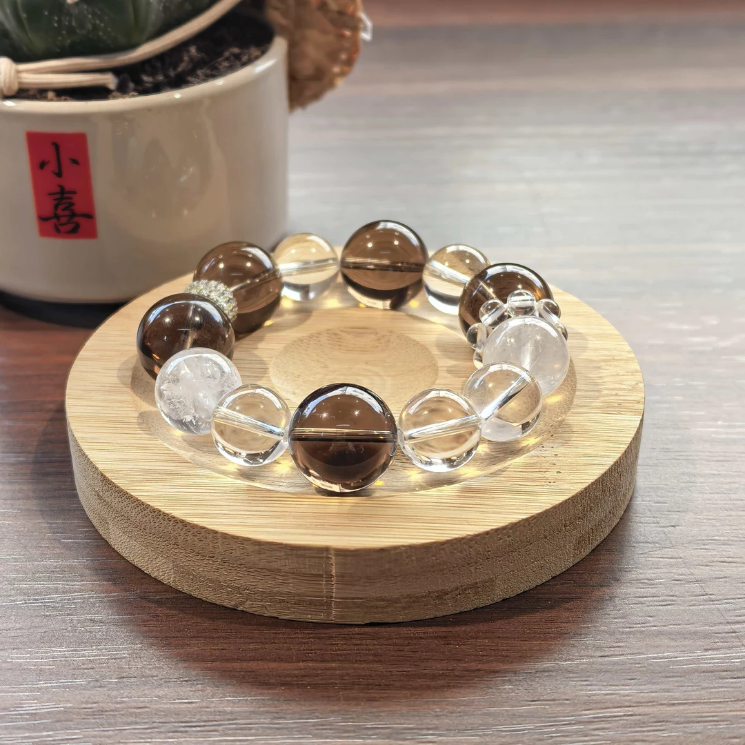 【DIY】中式传统色系搭配超大茶晶+大白幽灵+白水晶纯天然水晶手串！