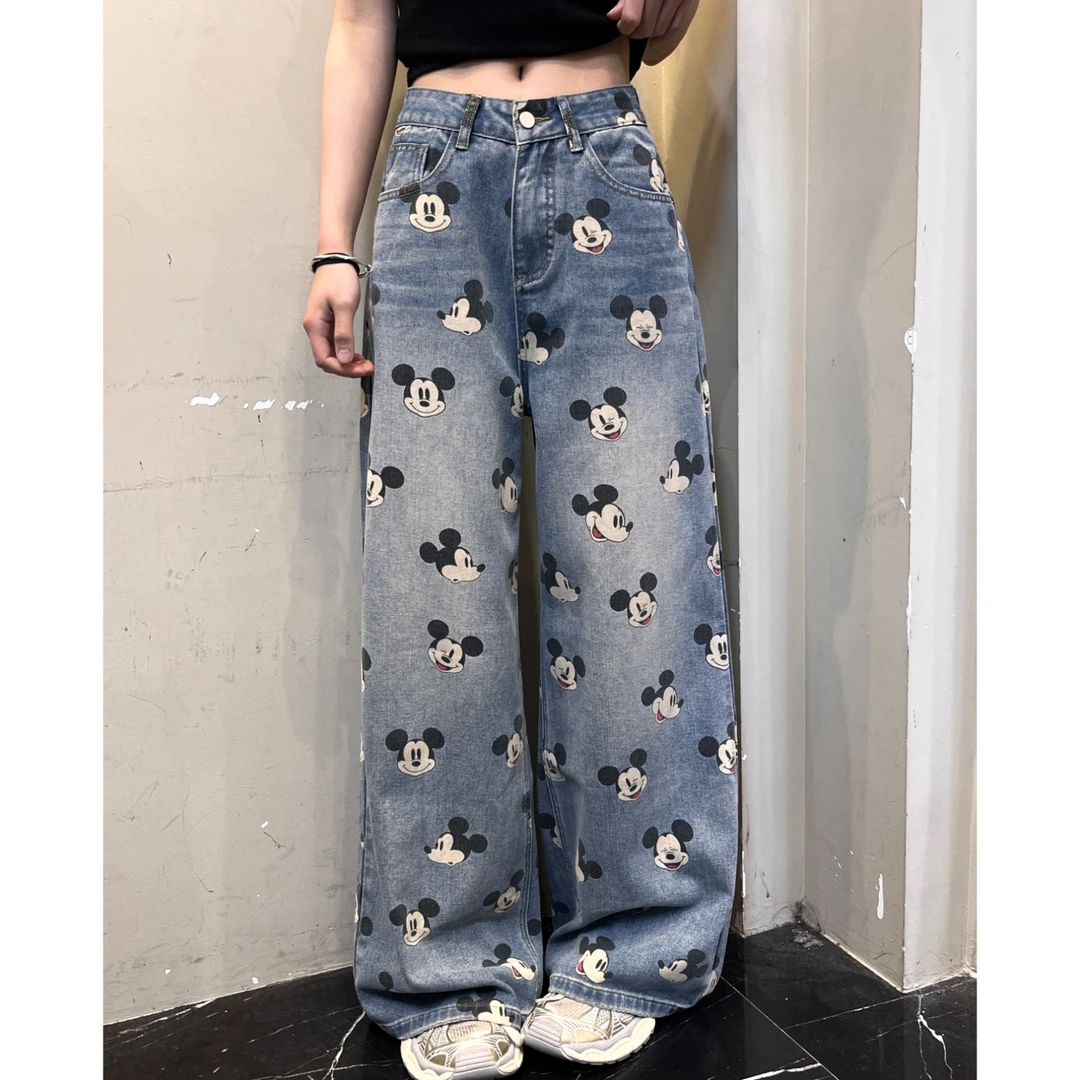 范范与凡凡【趣味卡通】俏皮减龄米奇印花水洗直筒阔腿牛仔拖地裤