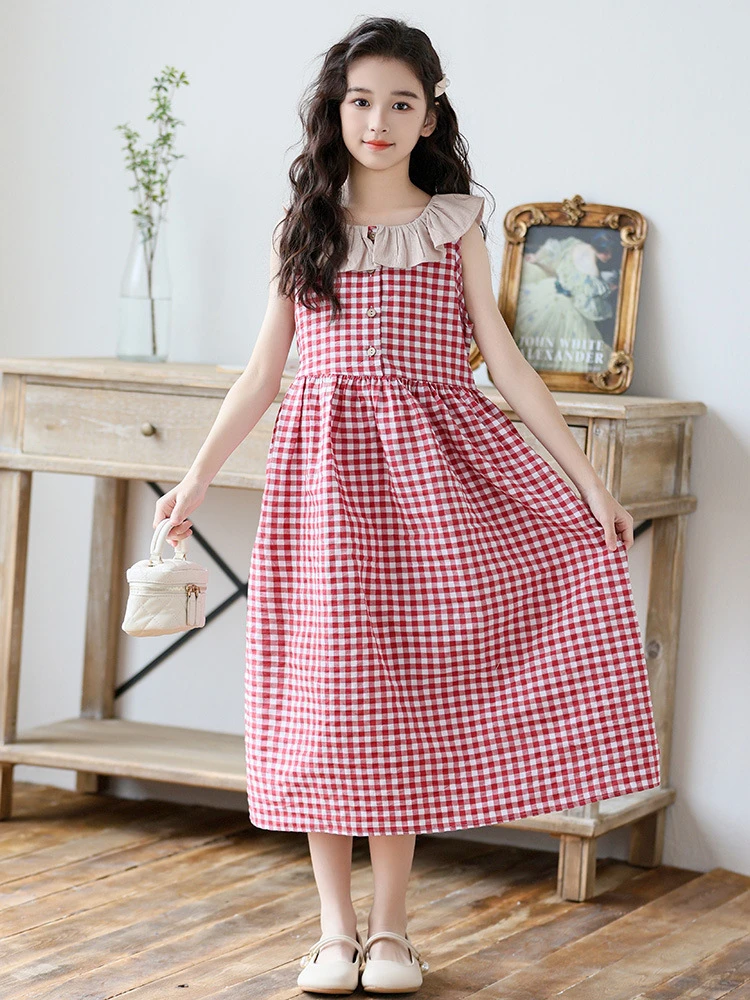 女童连衣裙夏季无袖背心格子长裙2024新款中大童儿童华强北吹风机