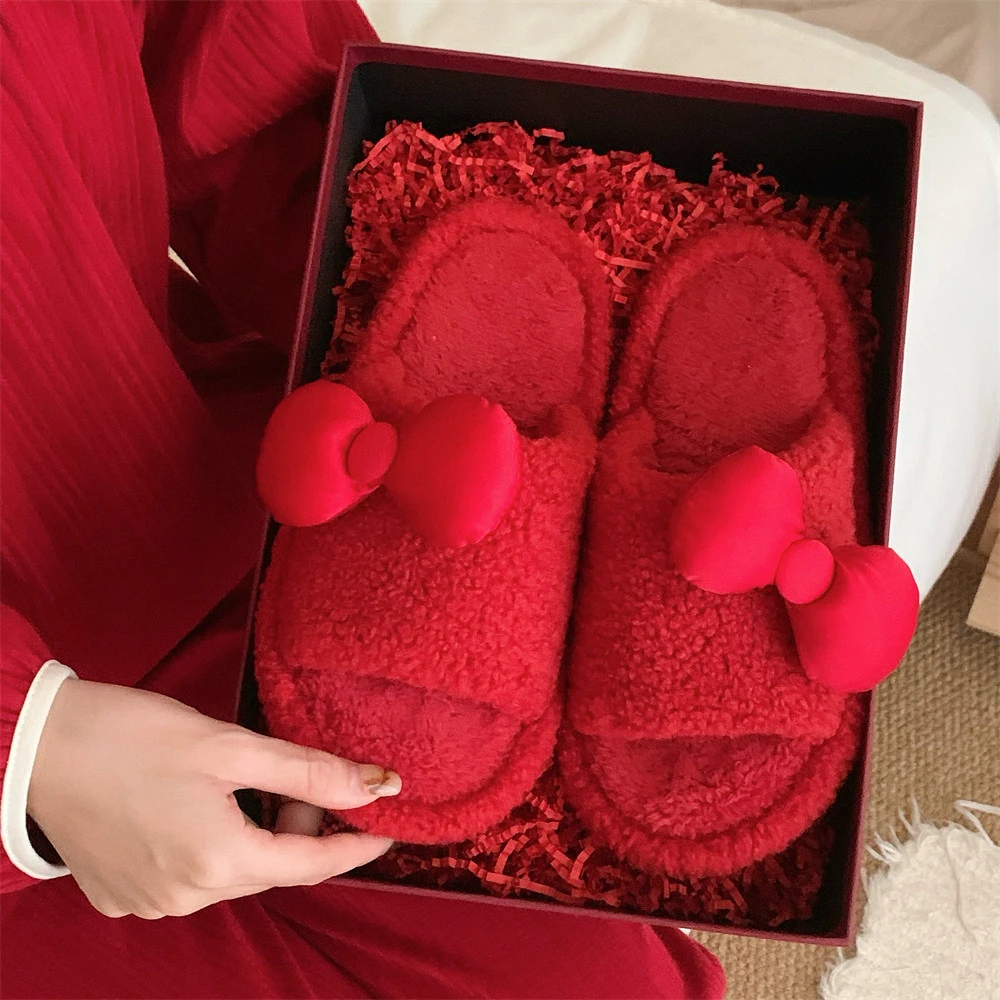 休闲本命红色男女士居家棉拖鞋喜庆甜美个性年秋冬结婚蝴蝶结拖鞋