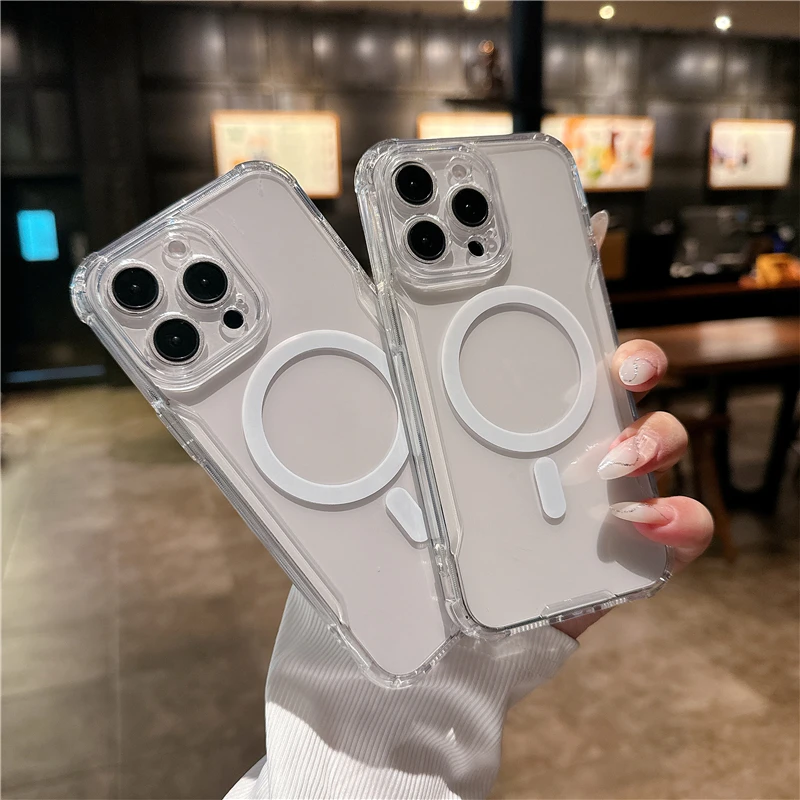 适用苹果16Promax磁吸透明手机壳新款电镀刀锋全包软边防摔保护套