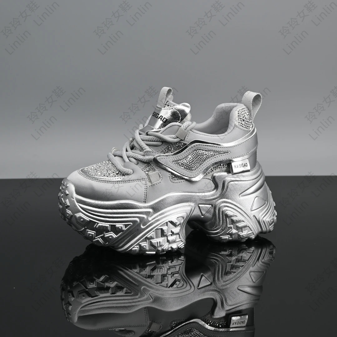 【花雨】厚底软底老爹鞋女款新款水钻银色平底增高女鞋百搭运动休闲