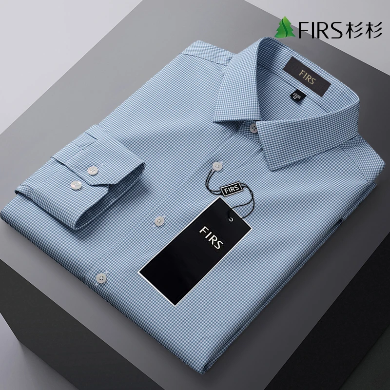 杉杉【绿色千鸟格纯棉衬衫】新款DP成衣免烫长袖衬衣中青年抗皱男装