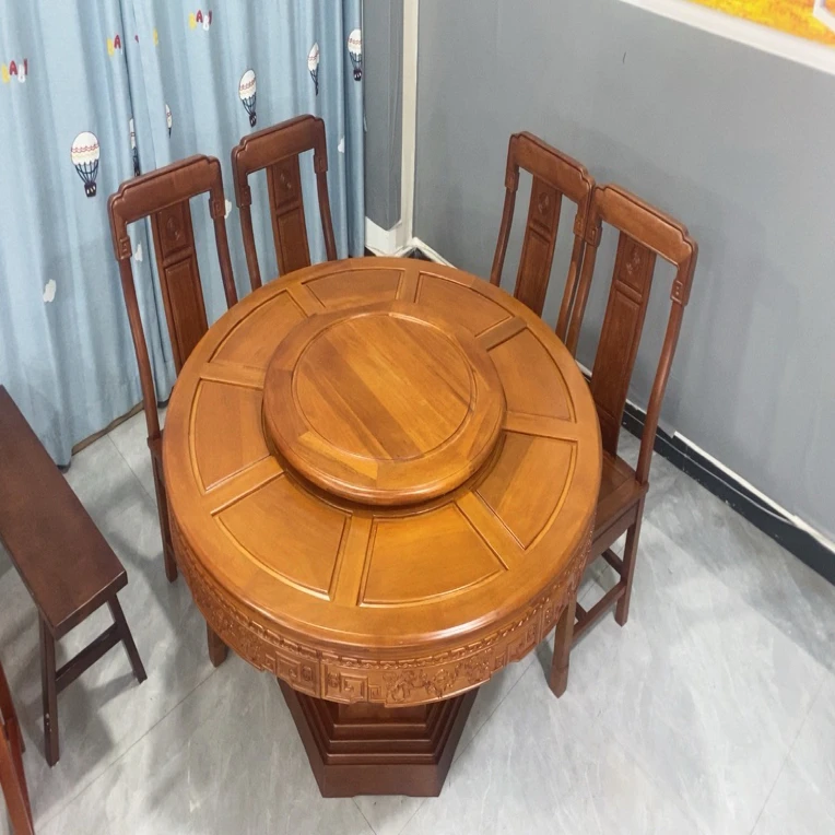 格木中式实木大雕花大圆形桌餐桌6810人吃饭餐桌圆形原木带转盘