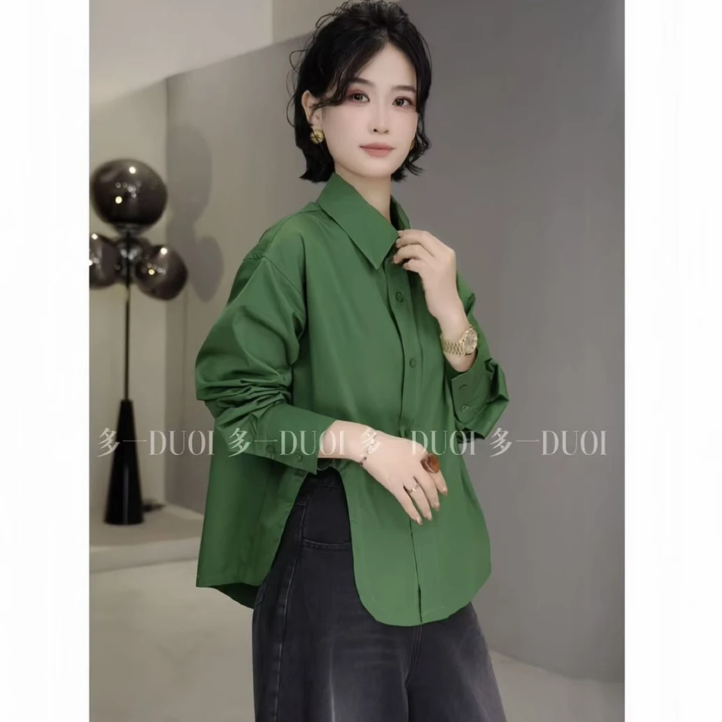 多一“青绿”2025早秋文艺复古单排扣下摆不规则设计百搭宽松衬衫